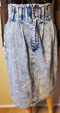 Power 80s VTG High Waist Acid Wash Blue Denim Pencil Jean Midi Skirt Sz S