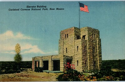 NEW MEXICO ELEVATOR BUILDING CARLSBAD CAVERNS NATIONAL PARK 1940s LINEN E6