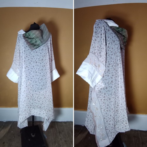 NEW HANDMADE BESPOKE KIMONO SAREE Kaftan TOP ONE SIZE PLUS SIZE BEIGE LAGENLOOK - Picture 5 of 10