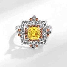 Excellent Shiny Yellow, Orange Citrine  White Cubic Zirconia Square Design Ring