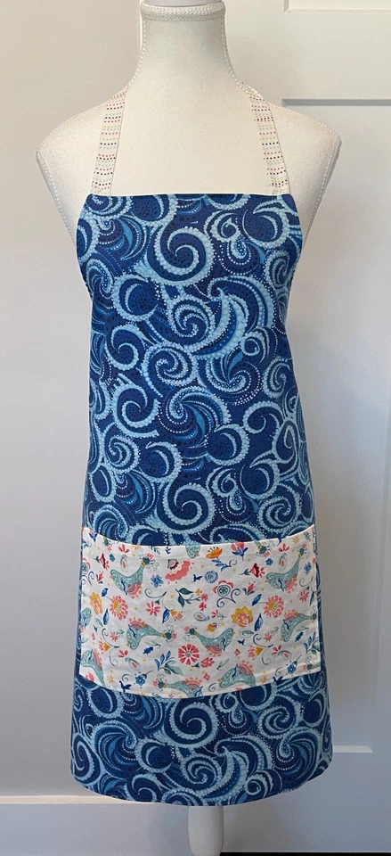 Женский двусторонний фартук синий цветы завитки хлопок галстуки на спине размер подростков/взрослых - Изображение 4 из 4