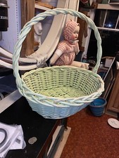 18x15x17 VTG WickerWoven Gathering Basket Eggs GARDEN w/ Handle MINT GREEN