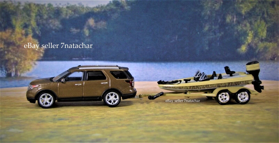 Remolque Ford Explorer Bass Pro 2011-2019 barco de pesca camión modelo escala 1/64 Foto 3 de 4