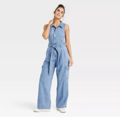 Universal Thread Women's Denim Cargo Jumpsuit Sleeveless Overalls Belt Loop, 6