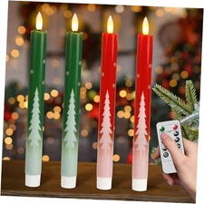  Christmas Flameless Taper Candles with Remote Timer, Real Wax 3-Green and Red