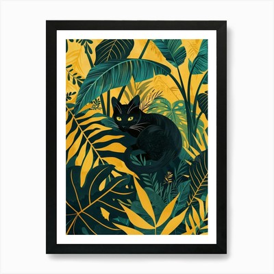 Schwarze Katze im Dschungel 3 Kunstdruck gerahmt Wandbild Poster Leinwanddruck Bild