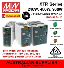 MeanWell XTR Power Supply DIN rail 3-phase AC 240W 480W 960W 12V 24V 36V 48V DC