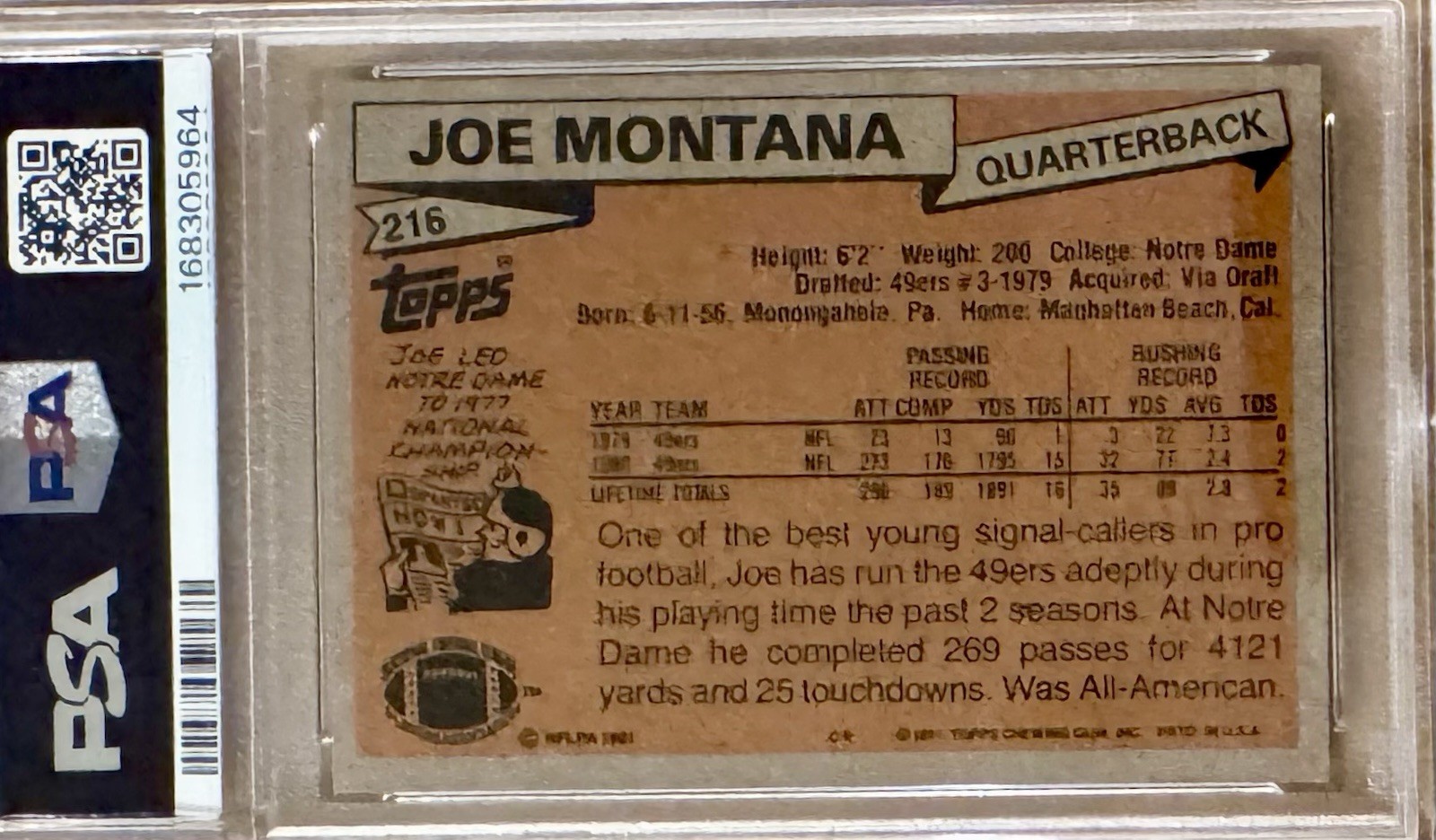 JOE MONTANA 1981 TOPPS ROOKIE CARD # 216, LOOKS AMAZING! PSA 8 view 2