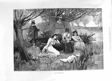 Old 1891 Young Women Man Outdoor Lake Scene Sans-Souci Potsdam Palace Victorian