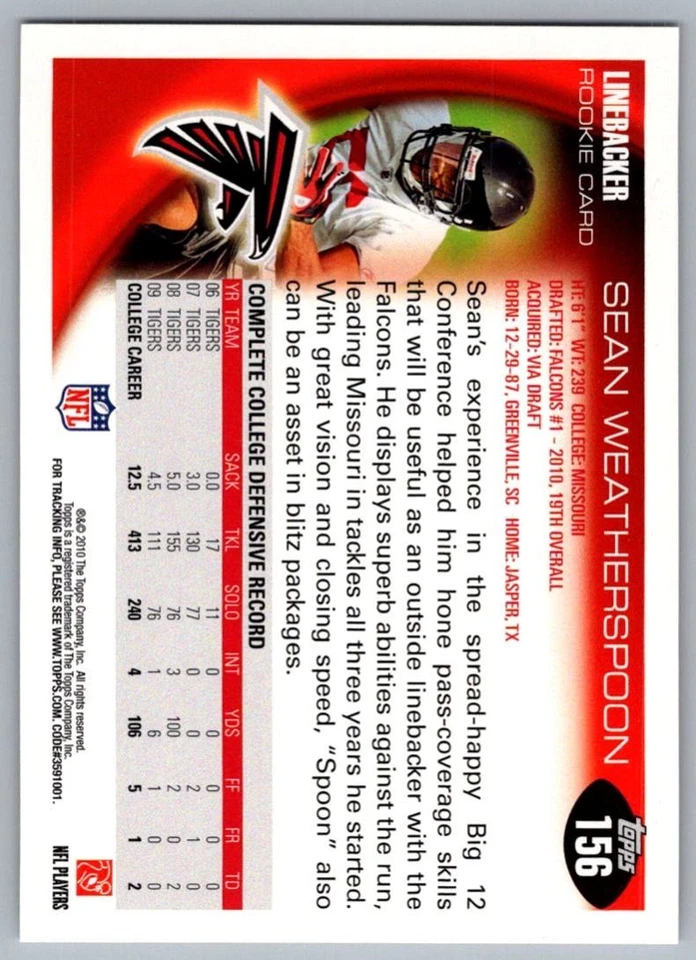 2010 Topps Sean Weatherspoon Rookie Atlanta Falcons #156 - Image 2 of 2