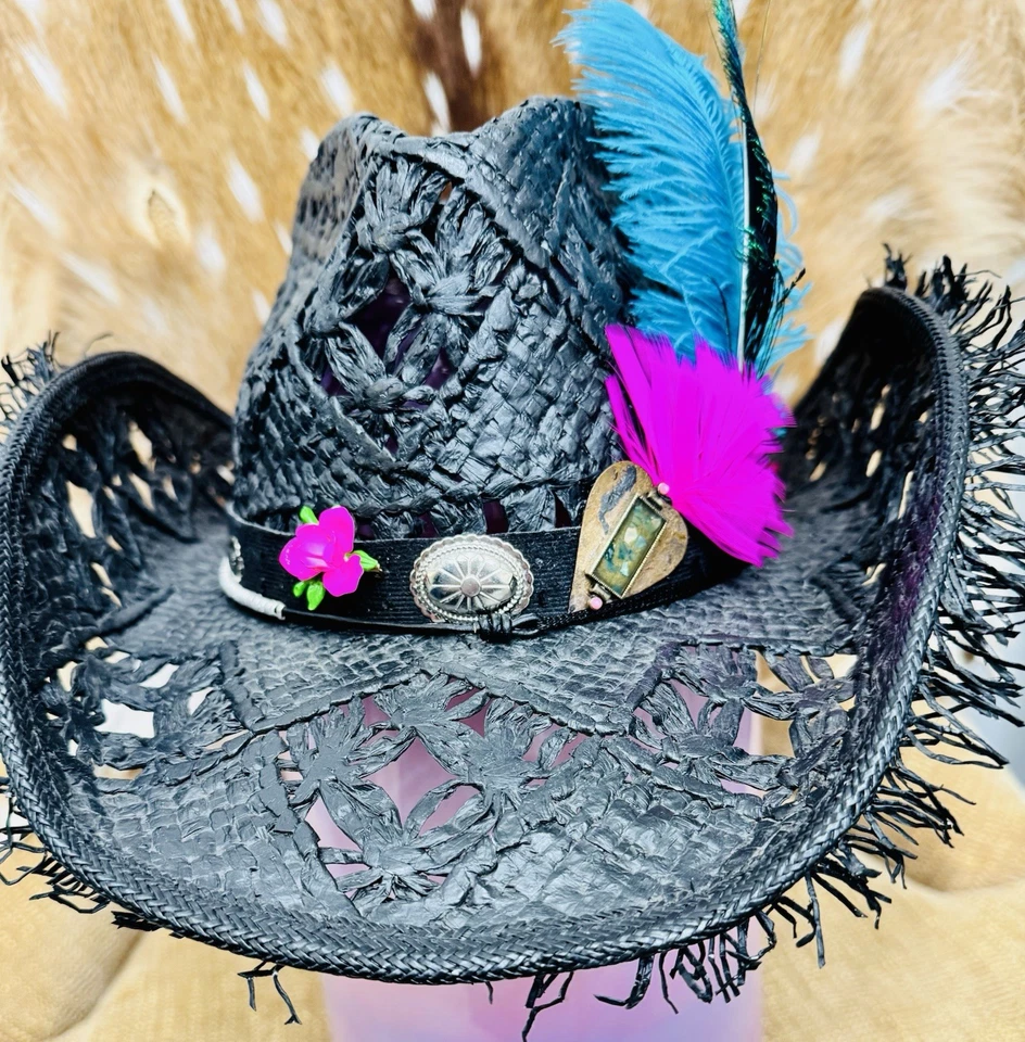 Western Express S/M черная соломенная ковбойская шляпа украшена, перья, сделано в Мексике - Изображение 4 из 4