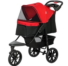 Image of Folding 3 Wheel Pet Stroller Travel Adjustable Canopy Storage Brake Red Pawhut
