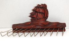 Vtg Boat Clipper Ship Tie Belt Scarf Rack Reddish Brown Syroco Wood w/ 12 Hooks
