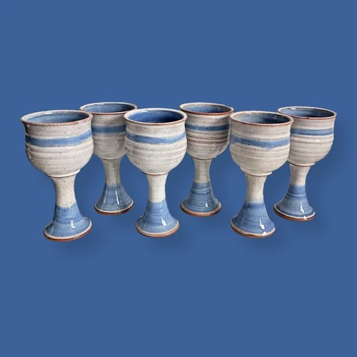 VTG Deneen Pottery Blue Speckle Goblet Mugs Set of 6 – Stoneware USA
