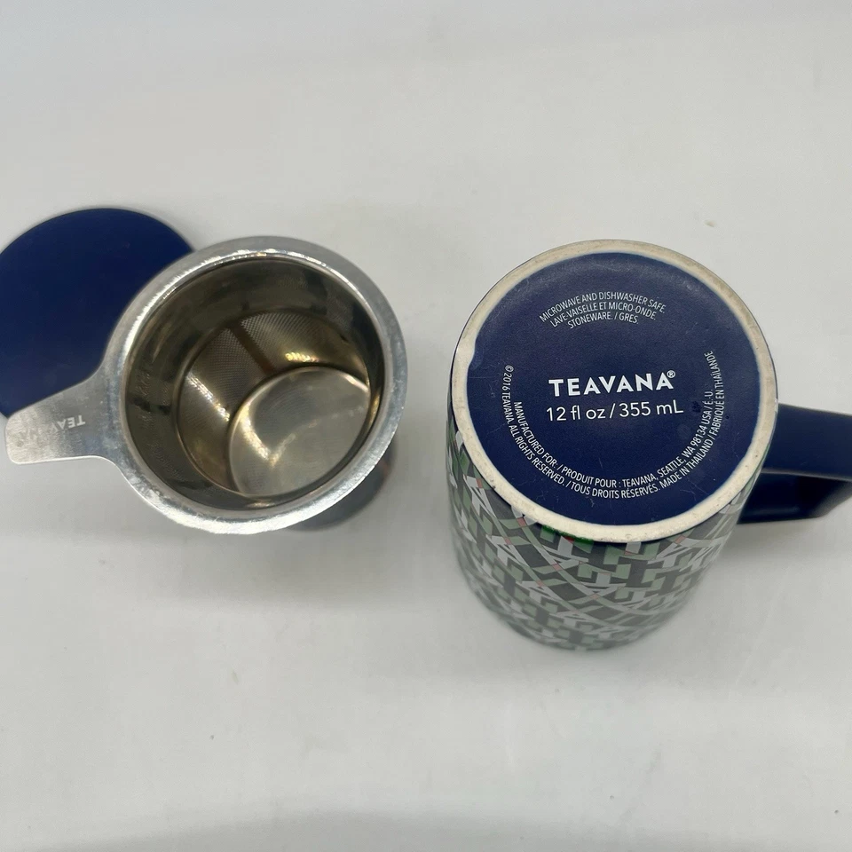 Caneca de viagem chá Teavana 2016 com tampa e infusor, azul verde branco 12 oz. - Imagem 3 de 4
