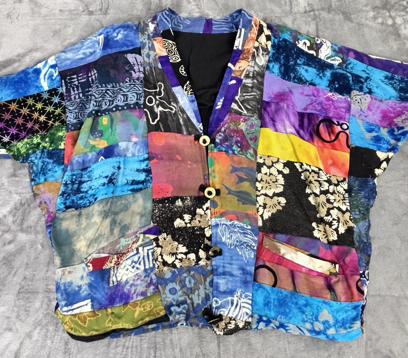 Vintage 80s Patchwork Rayon Batwing Jacket One Si… - image 2