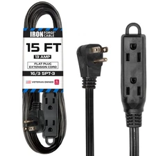 Iron Forge Cable 15 ft Flat Plug Black Extension Cord with 3 Outlets - 16/3 SJTW