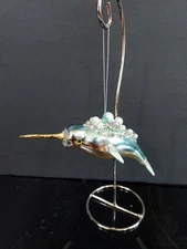 Robert Stanley Narwhal Embellished Christmas Ornament 6 in Blown Glass Ocean 1D