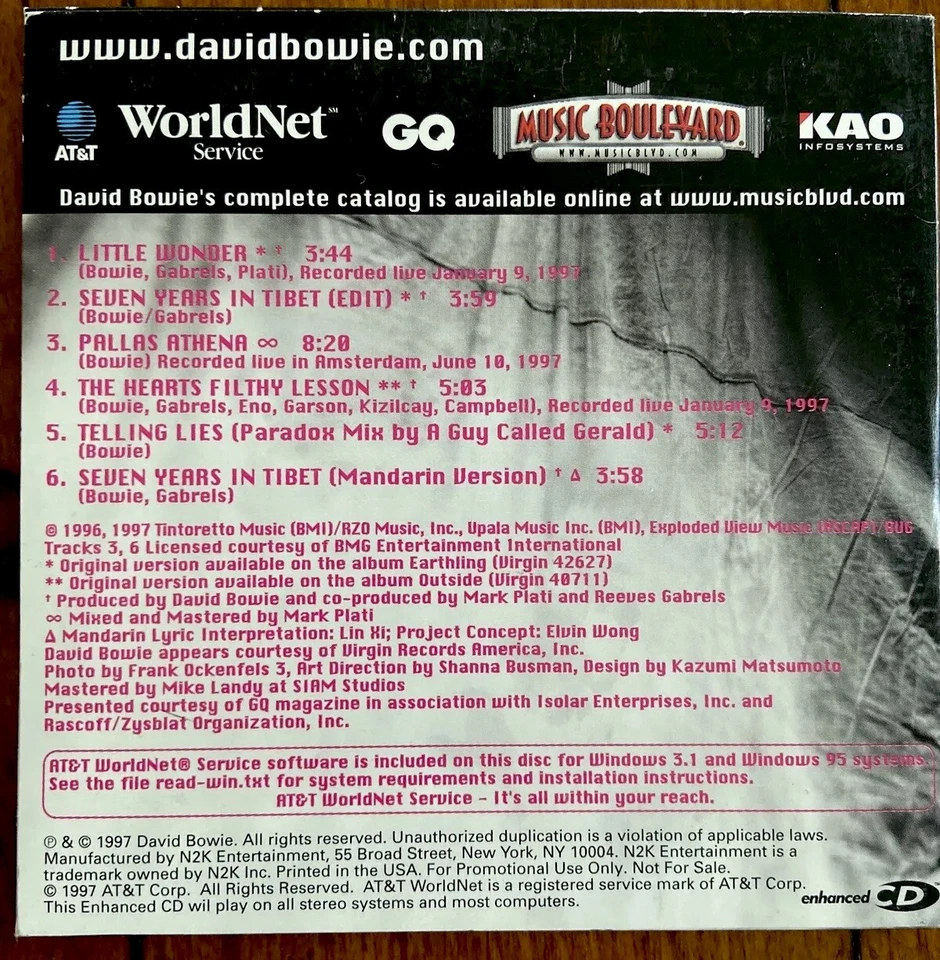 DAVID BOWIE Earthling In City US Promo CD Eno Live Remix 7 Years Tibet Mandarin Foto 2 de 3