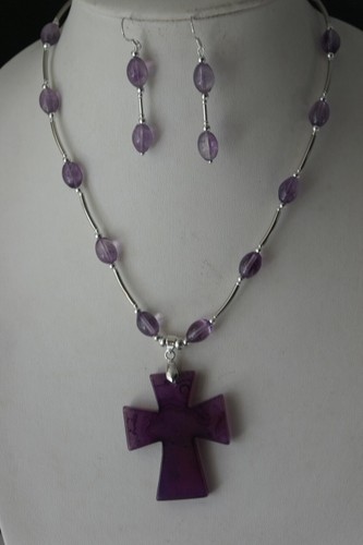 SCHÖNES SET HALSKETTE & OHRRINGE MIT AMETHYST 16" LANG + KREUZ IN GESCHENKBOX - Bild 1 von 11