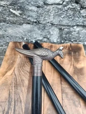 Antique Solid Brass Peacock Head Handle Vintage Black Walking Wooden Stick