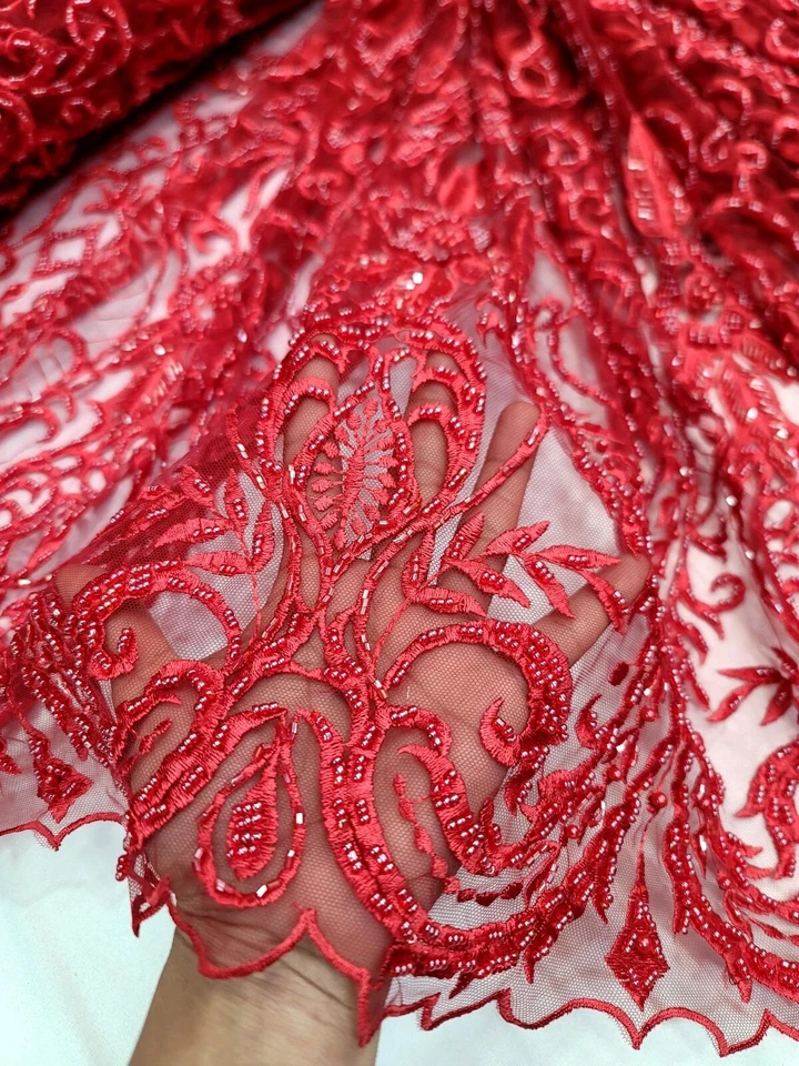 Red Beaded Lace Embroidery Fabric By The Damask Pattern Luxury Lace Victorian - Image 3 of 4