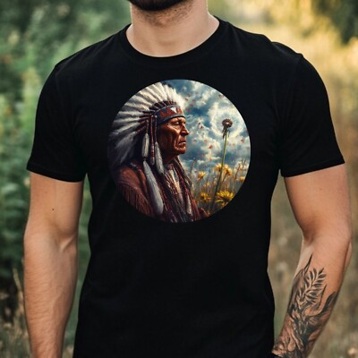 Mens Indian Chief Dandelion Print Cotton T-Shirt Size XS to 5XL