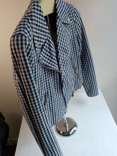 J CREW  Check Moto Style Jacket Asymmetrical Zip Blue/Ivory Cotton Blend SZ 4 - Picture 4 of 8