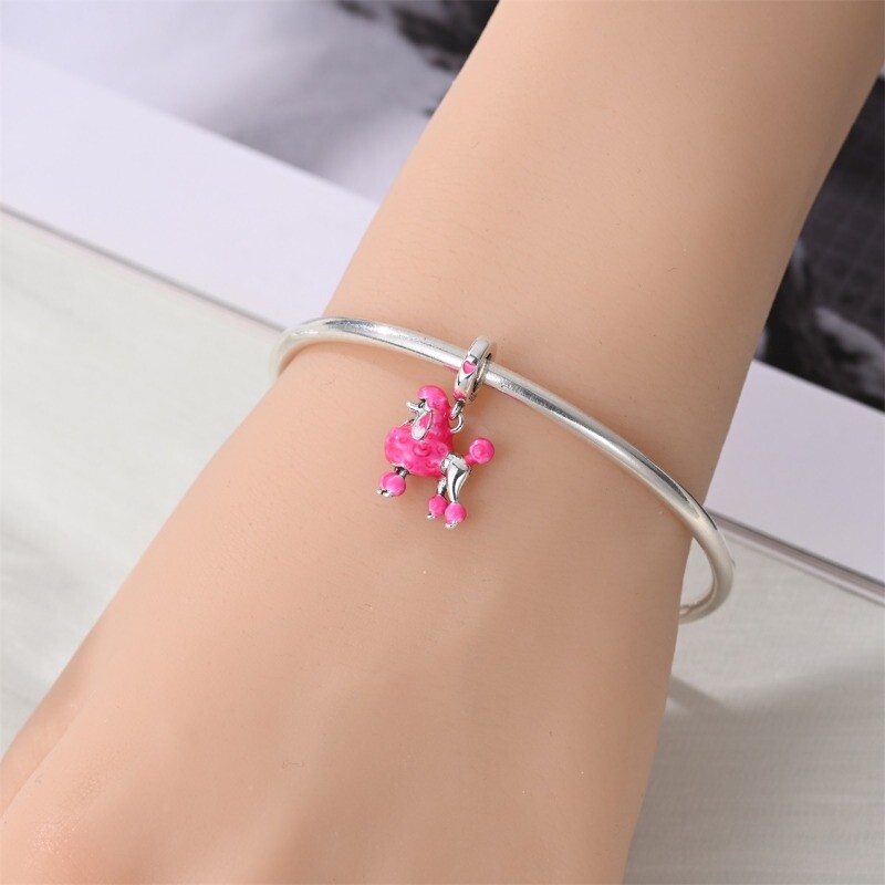 KUNSIR Sterling Silver Pink Proud Poodle Pendant Charm For European Bracelet DIY