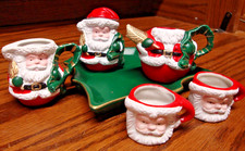 Miniature Tea Set SANTA CLAUS Christmas Holiday Vintage Green Tree Dish 6pc E31