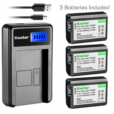 Kastar LCD USB SLIM Charger & 3 Batteries for Sony NP-FW50