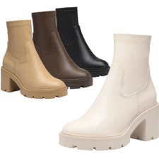 Women Slip On Booties Chunky Block Heel Fashion Chelsea Ankle Boots Booties