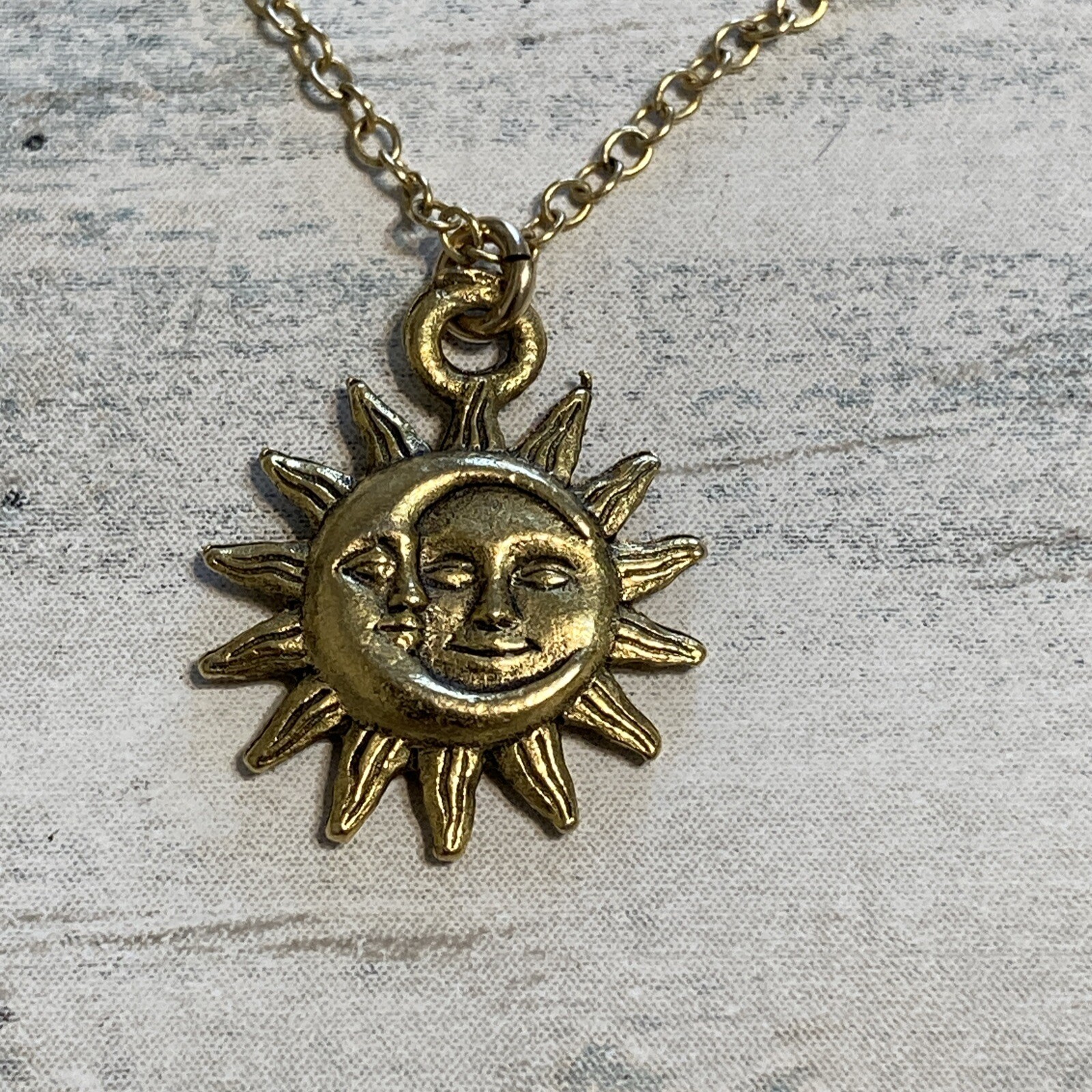 Sun Moon Necklace 1/20 14k GF spring Ring Clasp Chain Pendant 16" estate find
