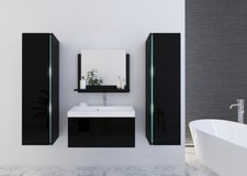 Bathroom Vanity Unit Set Modern Black Gloss 600mm Sink Wall Cabinets Mirror LED