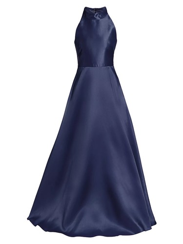 $695 ML MONIQUE LHUILLIER Halter Satin Ball Gown Evening Dress 0 Navy Cut Out - Picture 4 of 17