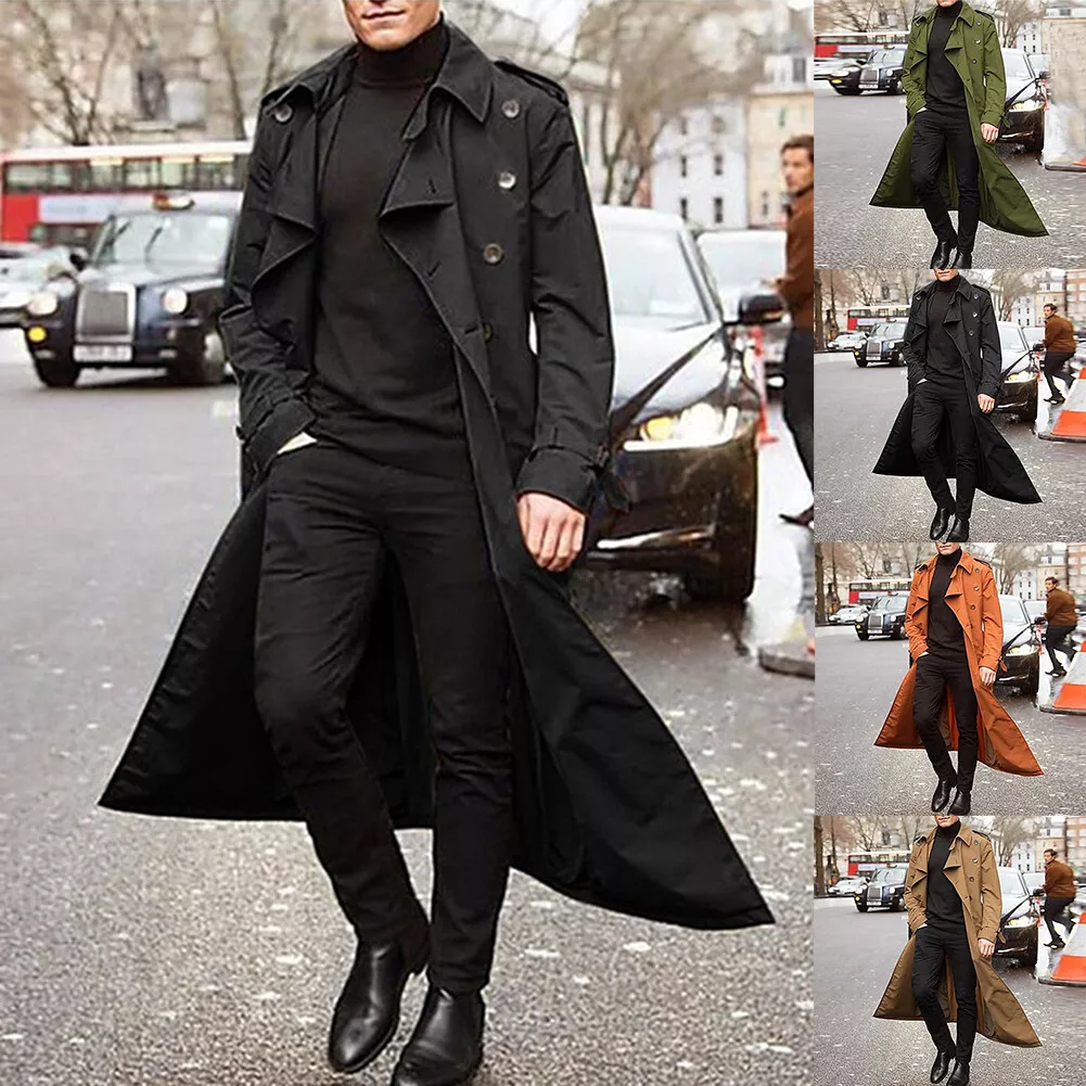 Mens Long Slim Trench Coat Double-Breasted Lapel Windbreaker Parka Jacket  S-2XL