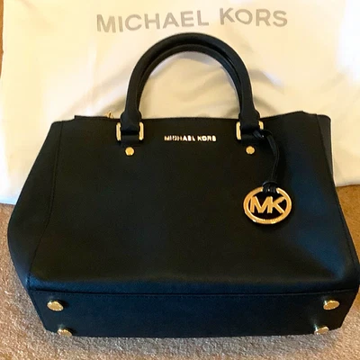 Michael Kors Jet Set Travel Black Leather Medium Satchel Zip Bag w/ Strap Dust