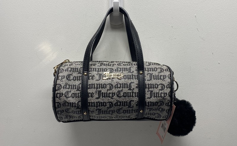 Juicy Couture Black Beige Gothic Logo Mini Barrel Bag Pom Pom Gold Hardware NWT