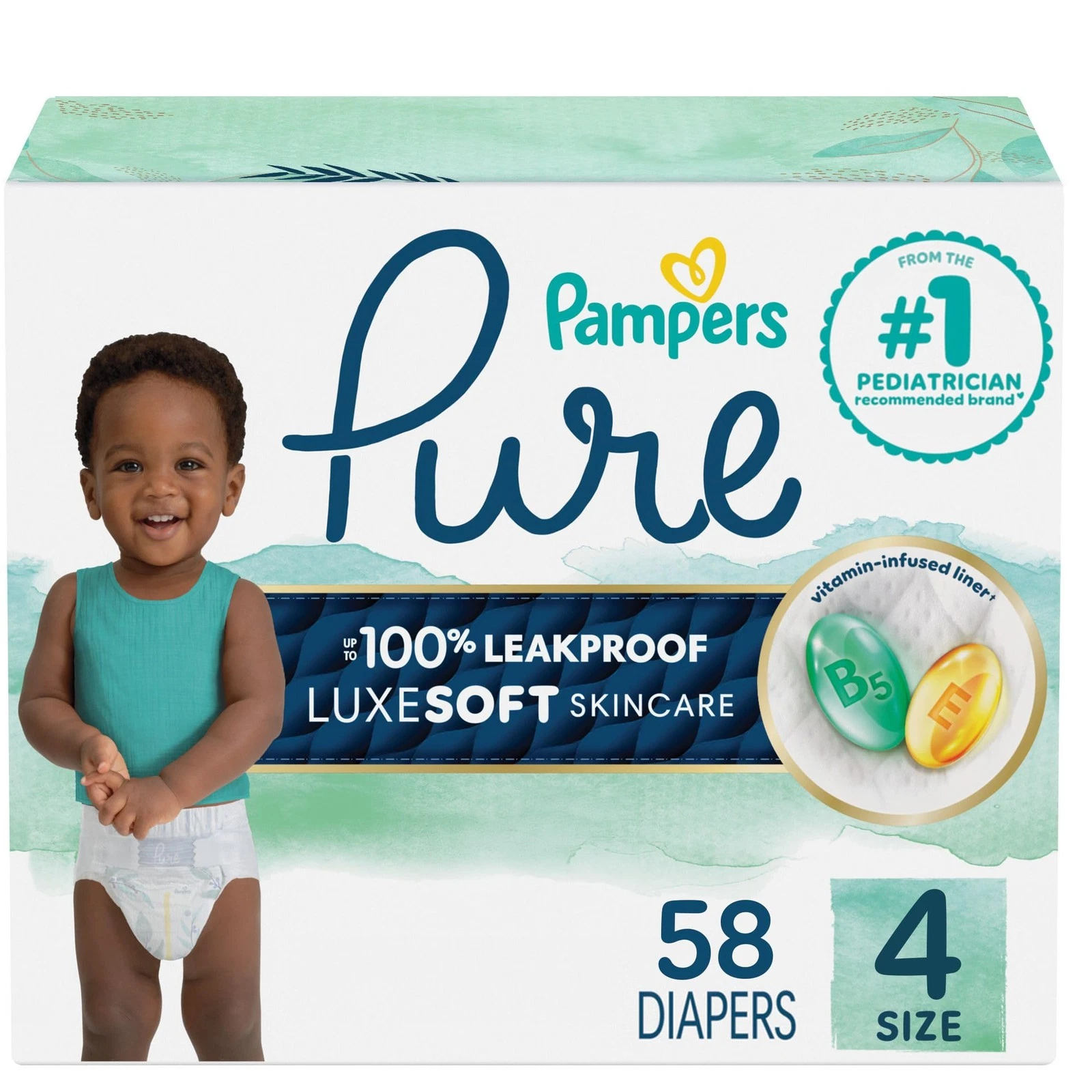 Pampers Pure Baby Diapers, Size 4 (22-37 lbs), 58, Up to 100% 4, White
