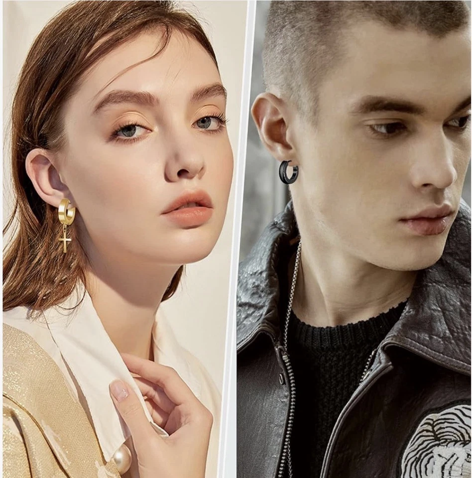 21 Pairs Stainless Steel Earrings for Men Studs Earrings Cross Dangle Hinged Ear - Image 4 of 4