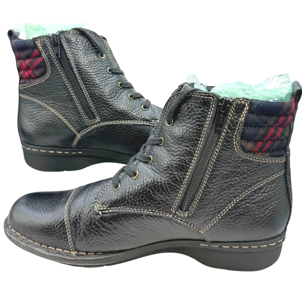 Botas de tornozelo Clarks Whistle Bea couro zíper lateral xadrez seixo conforto preto 9,5W - Imagem 2 de 4