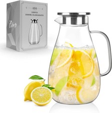 2.6L Litre Glass Pitcher Water Jug Borosilicate Glass Carafe Stainless Steel Lid