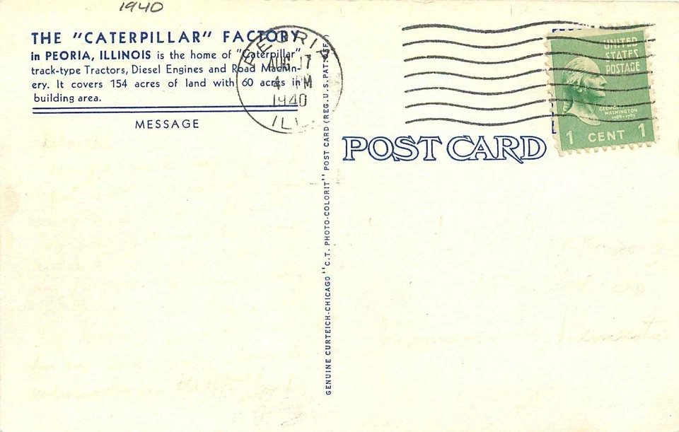 1940s Peoria Illinois Caterpillar Factory occupation Teich Postcard 25-10461 - Image 2 of 2