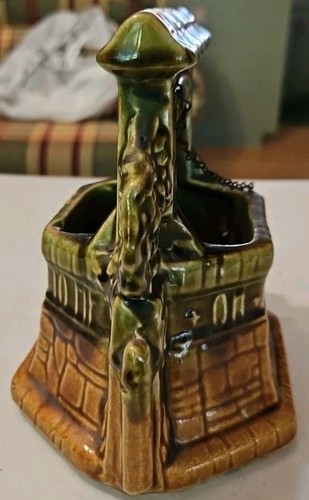McCoy Brown Green Wishing Well Ceramic Planter w/ Bucket Chain Vintage Cottage - Picture 2 of 5