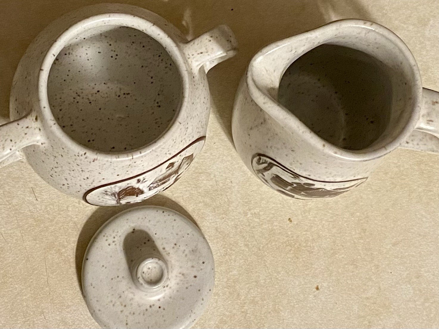 Vintage Onion River Company, Vermont Creamer and Sugar Crock Rustic Winter Scene