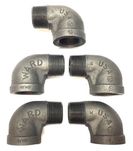 Ward 1" Black Malleable Iron Pipe Fitting Threaded 90-Degree Elbow [Lot of 5]NOS