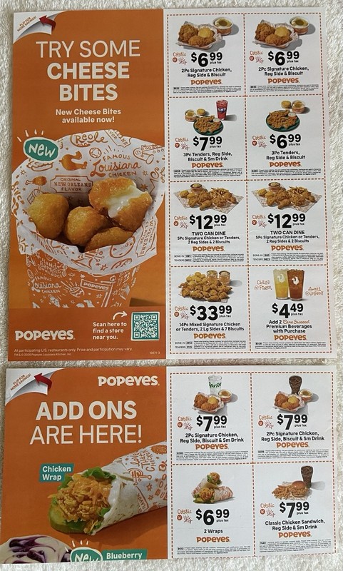 POPEYES COUPONS (1 1/2 Sheets). NEW! Exp. 2/24/27. Meal Deals!