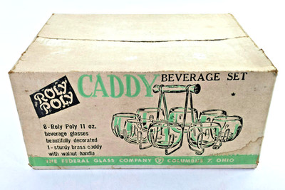 Vintage Federal Glass Roly Poly Caddy Beverage Glass Set Roman Coins