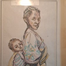 Engle Signed Framed Original Figurative Drawing Mother Child Portrait On Paper