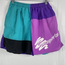 80s Vintage Color Block Swim Trunks Mens Small Purple Pink Black Nylon Sunsports